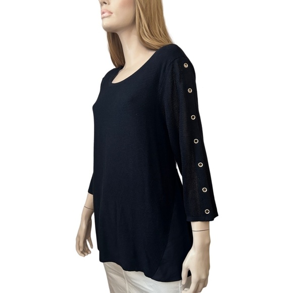 TRIBAL Sweater Tunic Pullover Top Silver Grommets ΒΎ Sleeve Hi Low Chiffon Panels - Picture 3 of 15